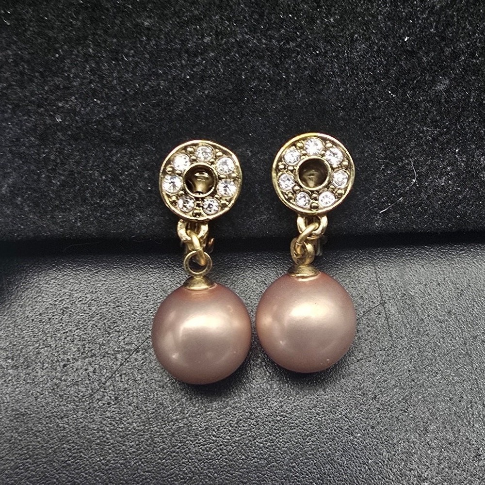 Monet Dusty Pink Faux Pearl Clip On Earrings Dainty Rhinestone